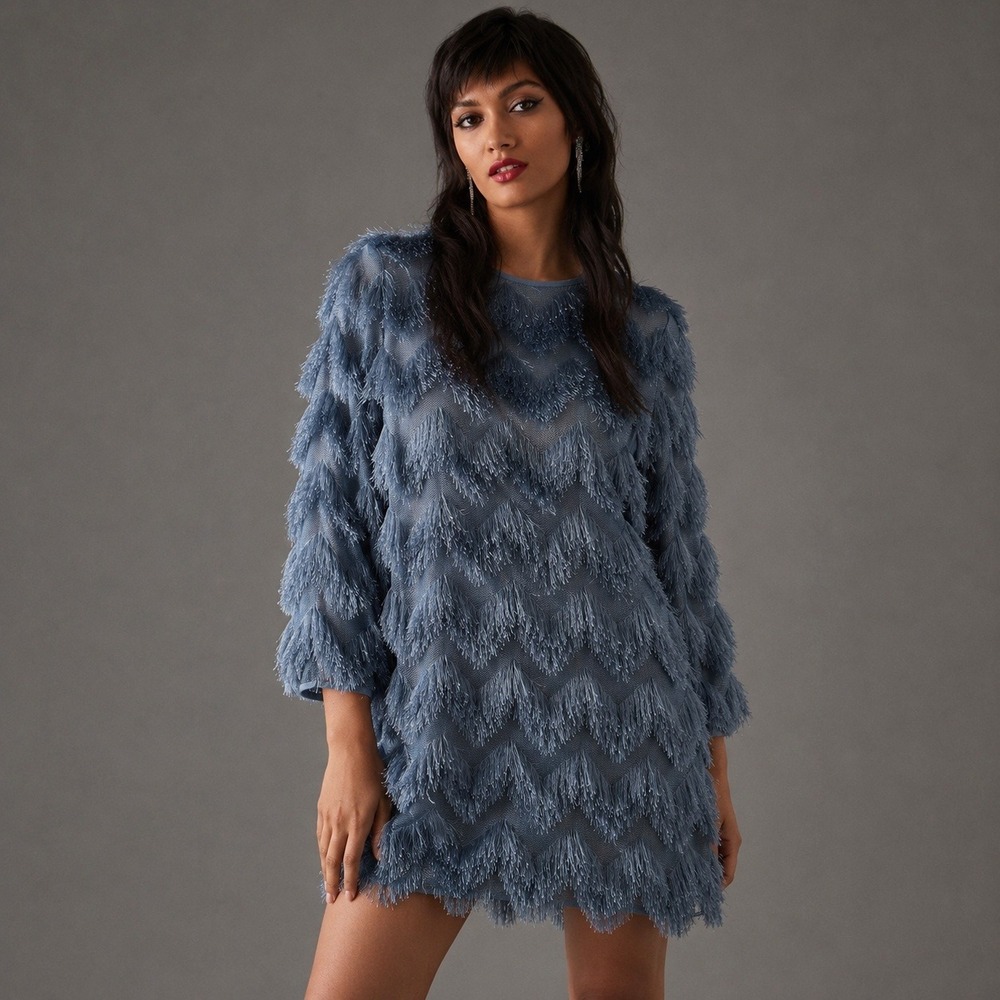 Hutch Chevron Fringe Mini Dress S Sky Blue
